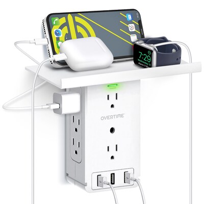 Overtime Wall Outlet Shelf, 8 Outlets and 3 USB Ports, Surge Protector, White (OTWP8O3USB)