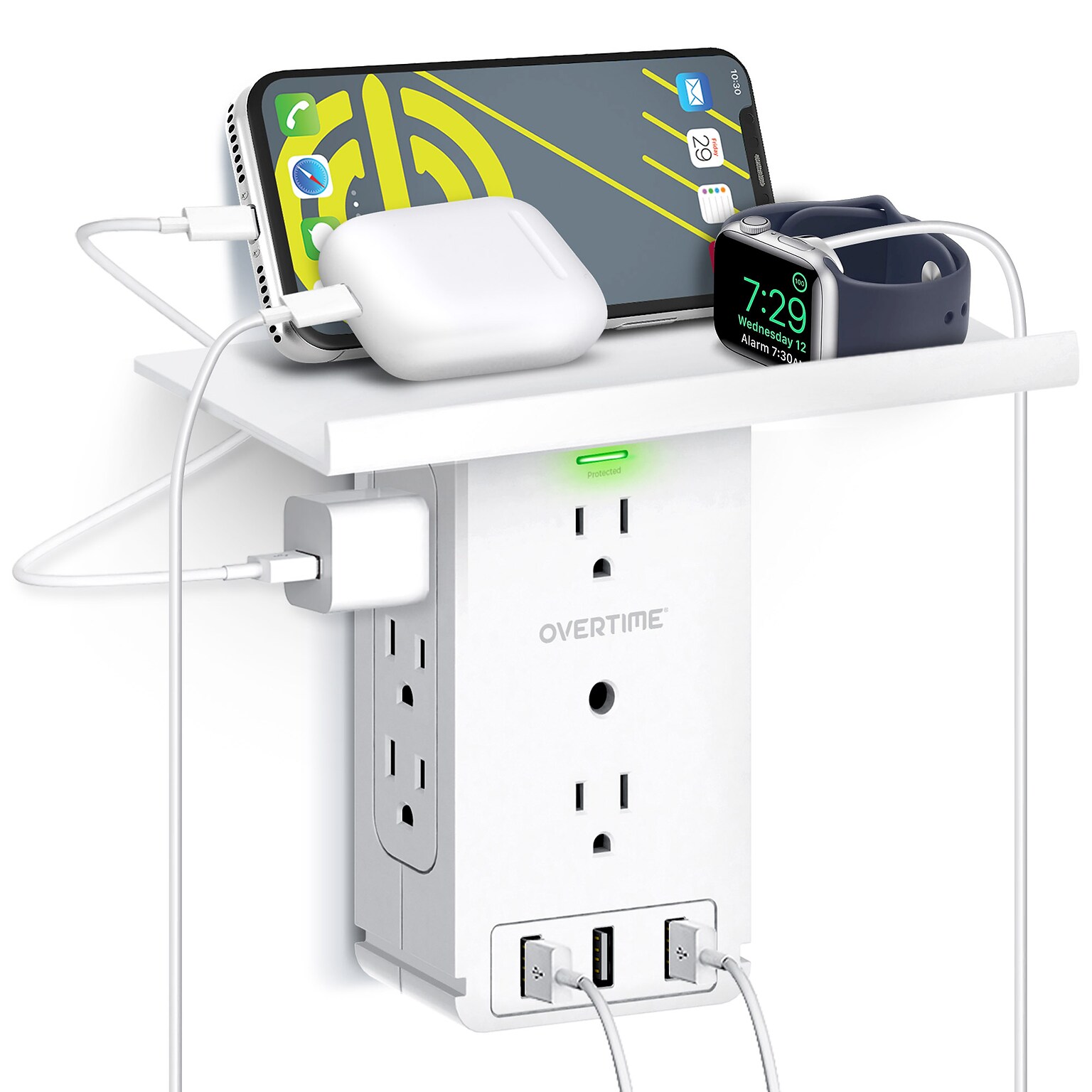 Overtime Wall Outlet Shelf, 8 Outlets and 3 USB Ports, Surge Protector, White (OTWP8O3USB)
