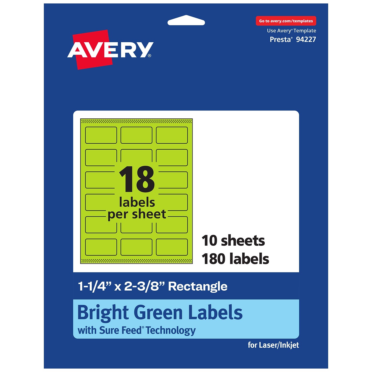 Avery Printable Rectangle Multipurpose Labels, 1-1/4 x 2-3/8, Bright Green, 180/Pack (94227)
