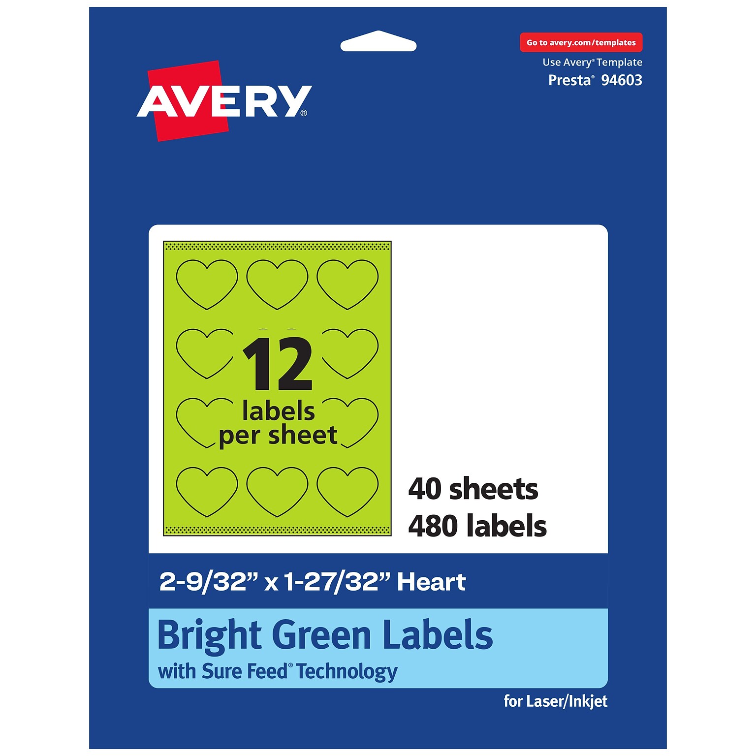 Avery Printable Heart Shaped Multipurpose Labels, 2-9/32 x 1-27/32, Bright Green, 480/Pack (94603)