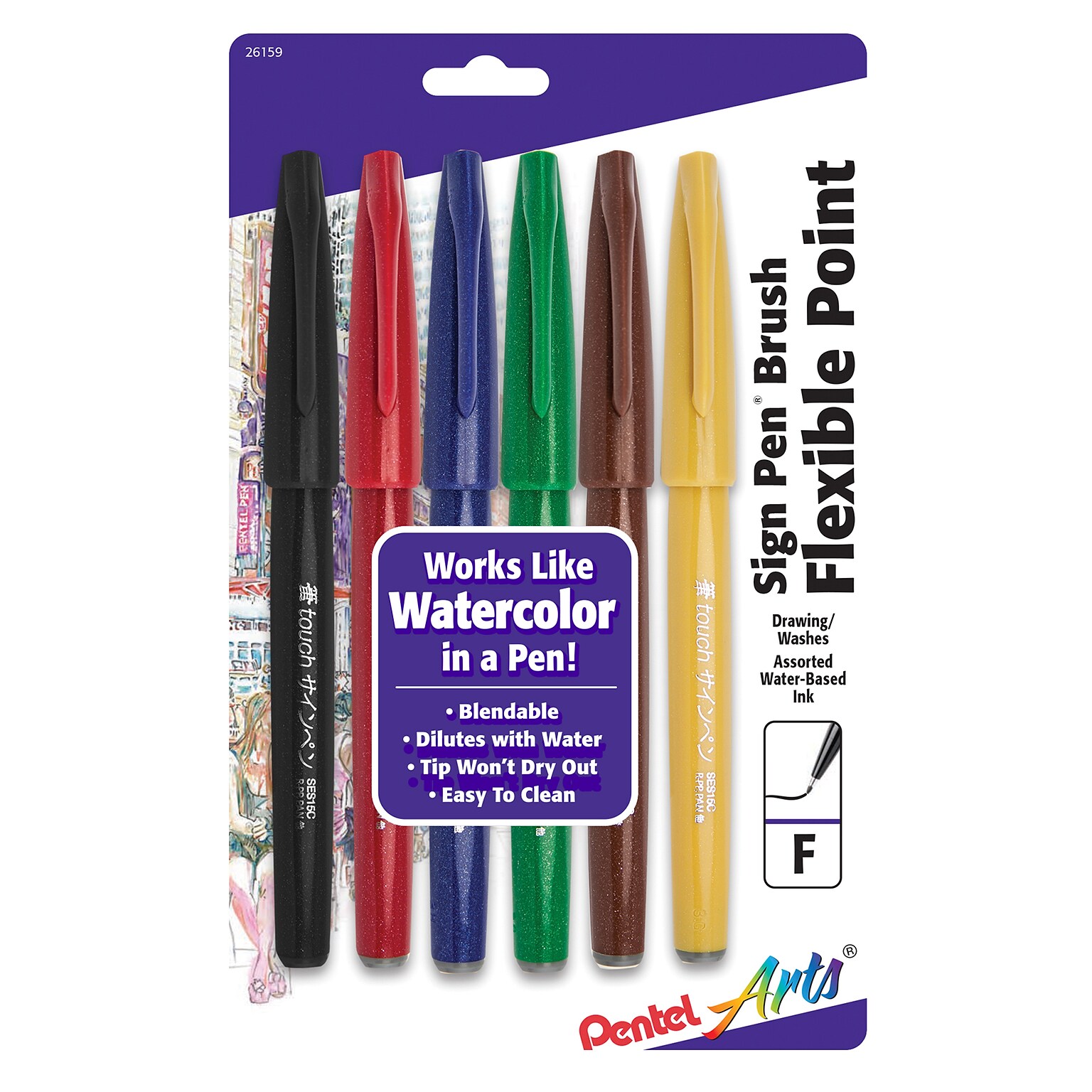 Pentel Arts Sign Pen Brush Tip, Assorted Colors, 6/Pack (PTASES15CBP6M)