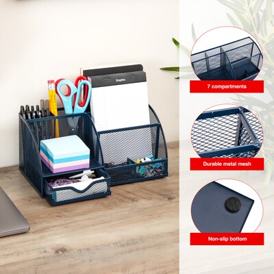 Staples 7-Compartment Metal Mesh Desk Organizer, Navy Blue (ST63826)