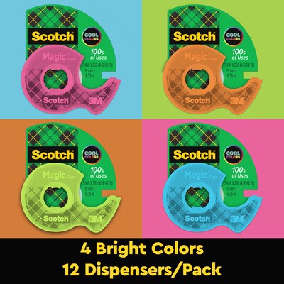 Scotch® Magic™ Tape with Dispenser, 3/4 in x 250 in, Assorted Colors, 12/Pack (102L-COL)