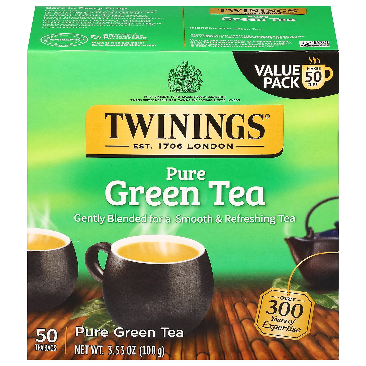 Twinings Pure Green Tea Bags, 3.53 oz, 50/Box (TNA82224)