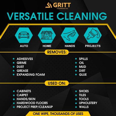 Gritt Commercial Heavy-Duty Multi-Surface Hand & Tool Cleaning Wipes, 10" x 12", 300 Count (GRI6-300)