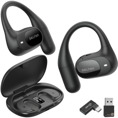 Delton O104 Open-Ear Wireless Bluetooth Earbuds with Charging Case, USB-C/A, Black (DBHO104)