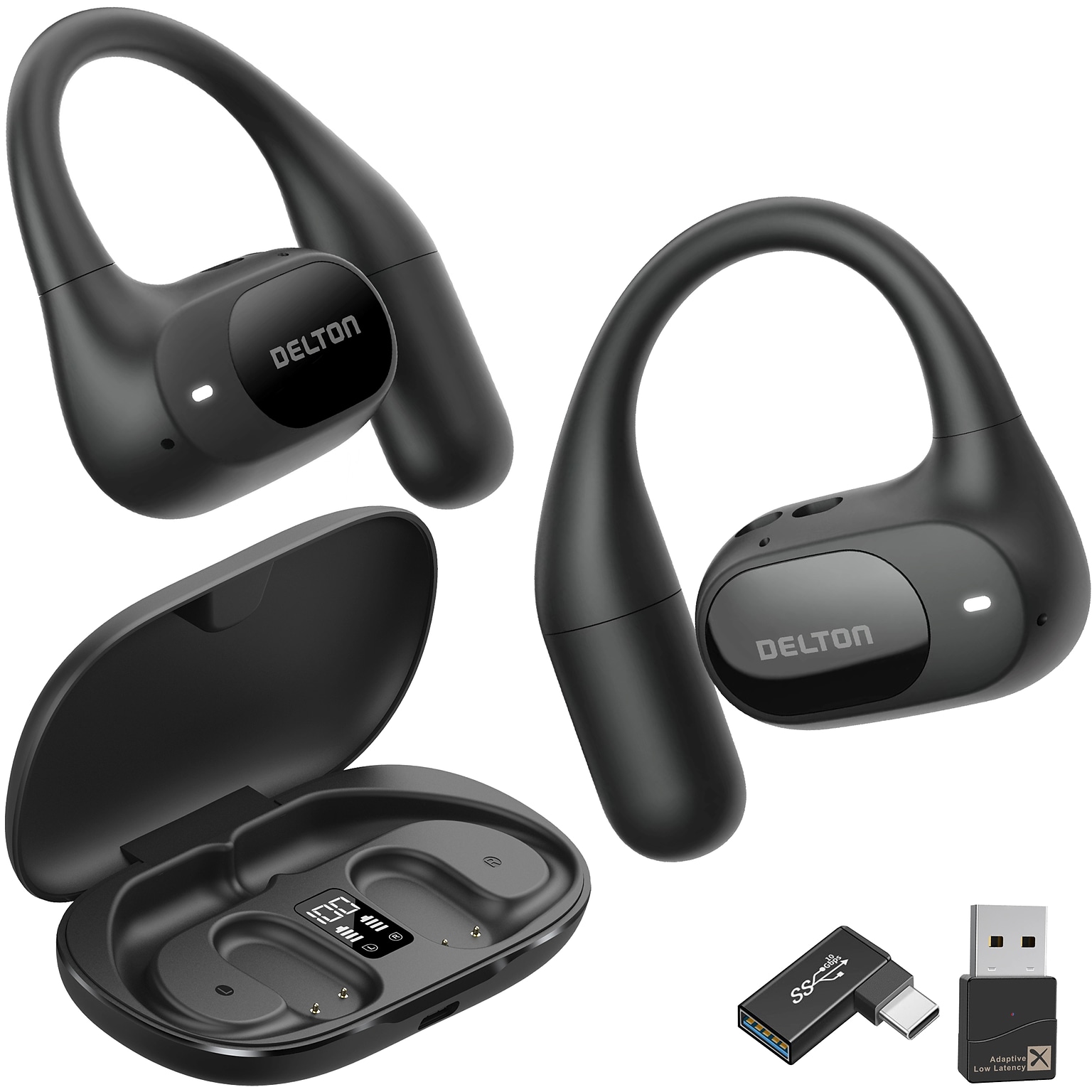 Delton O104 Open-Ear Wireless Bluetooth Earbuds with Charging Case, USB-C/A, Black (DBHO104)