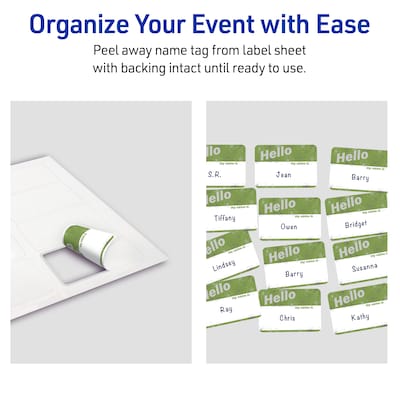 Avery Adhesive Name Tags, Pre-printed Green & Silver Hello Design