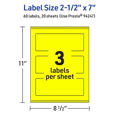 Avery Rectangle Laser/Inkjet Multipurpose Labels, 2.5" x 7", Neon Yellow (60/Pack)