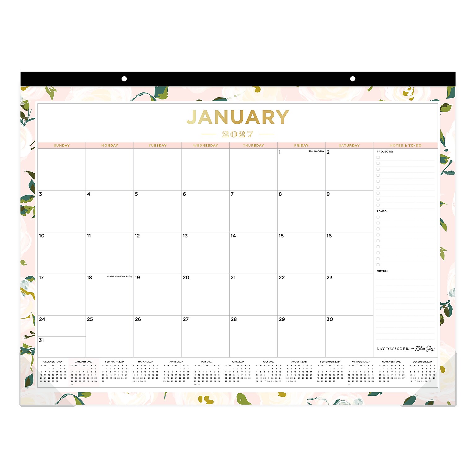 2027 Blue Sky Day Designer Coming Up Roses Blush 22 x 17 Monthly Desk Pad Calendar (138198-27)