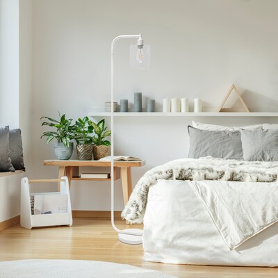 Simple Designs Antique Style Industrial Iron Lantern Floor Lamp with Glass Shade, White (LF1036-WHT)