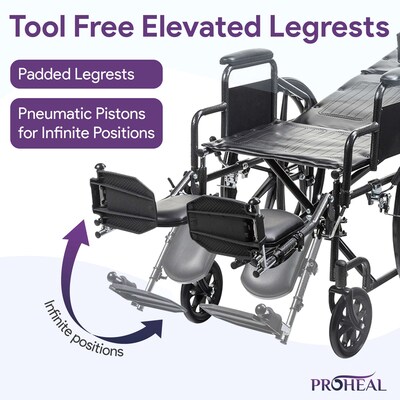 ProHeal Chariot Reclining 24" Wheelchair, Headrest Support w/ Removable Full Arms, 450 lb. Capacity, Black (PH-WCRC24FAELR)