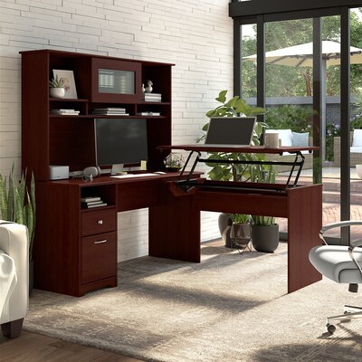 Bush Furniture Cabot 36-42H 3 Position L Shaped Sit to Stand Desk with Hutch, Harvest Cherry (CAB0