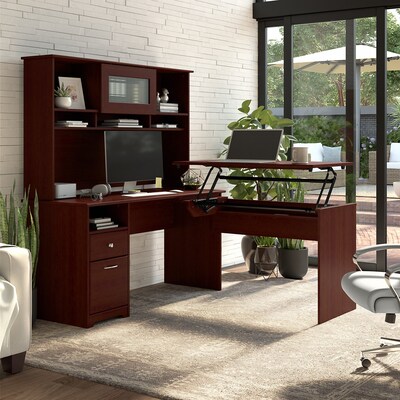 Bush Furniture Cabot 60"W 3 Position L Shaped Sit to Stand Desk with Hutch, Harvest Cherry (CAB045HVC)