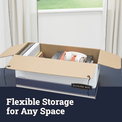 Bankers Box Stor/File Medium-Duty FastFold File Storage Boxes, String & Button, Legal Size, White/Blue, 4/Carton (0070503)