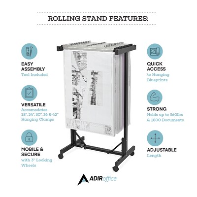 AdirOffice Expandable Blueprint Mobile Plan Center Large File Storage Hanging Rack, Black (615-BLK-KIT1)