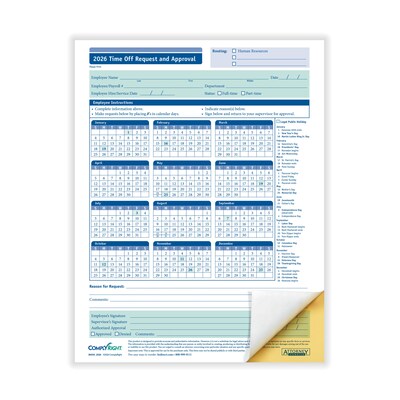 ComplyRight 2026 Time Off Request and Approval Form, 2-Part, 50 Forms/Pack (A0030)
