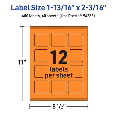 Avery Rectangle Multipurpose Labels, 1-13/16" x 2-3/16", Bright Orange, 480/Pack (94233)