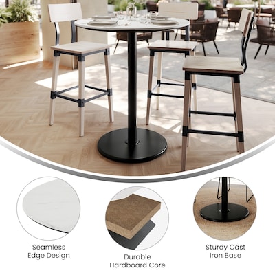 Flash Furniture Acadia 36" Round Wooden Dining Table with Round Base, White Faux Marble/Black Base (STRD36WMATR24B)