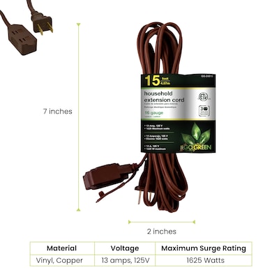 GoGreen Power 15 Extension Cord, 3-Outlet, 16 AWG, Brown (GG-24815-3)
