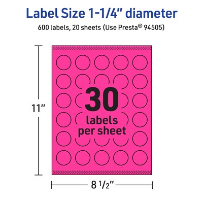 Avery Laser/Inkjet Round Multipurpose Labels, 1.25" Dia., Neon Magenta, 600/Pack (94505)