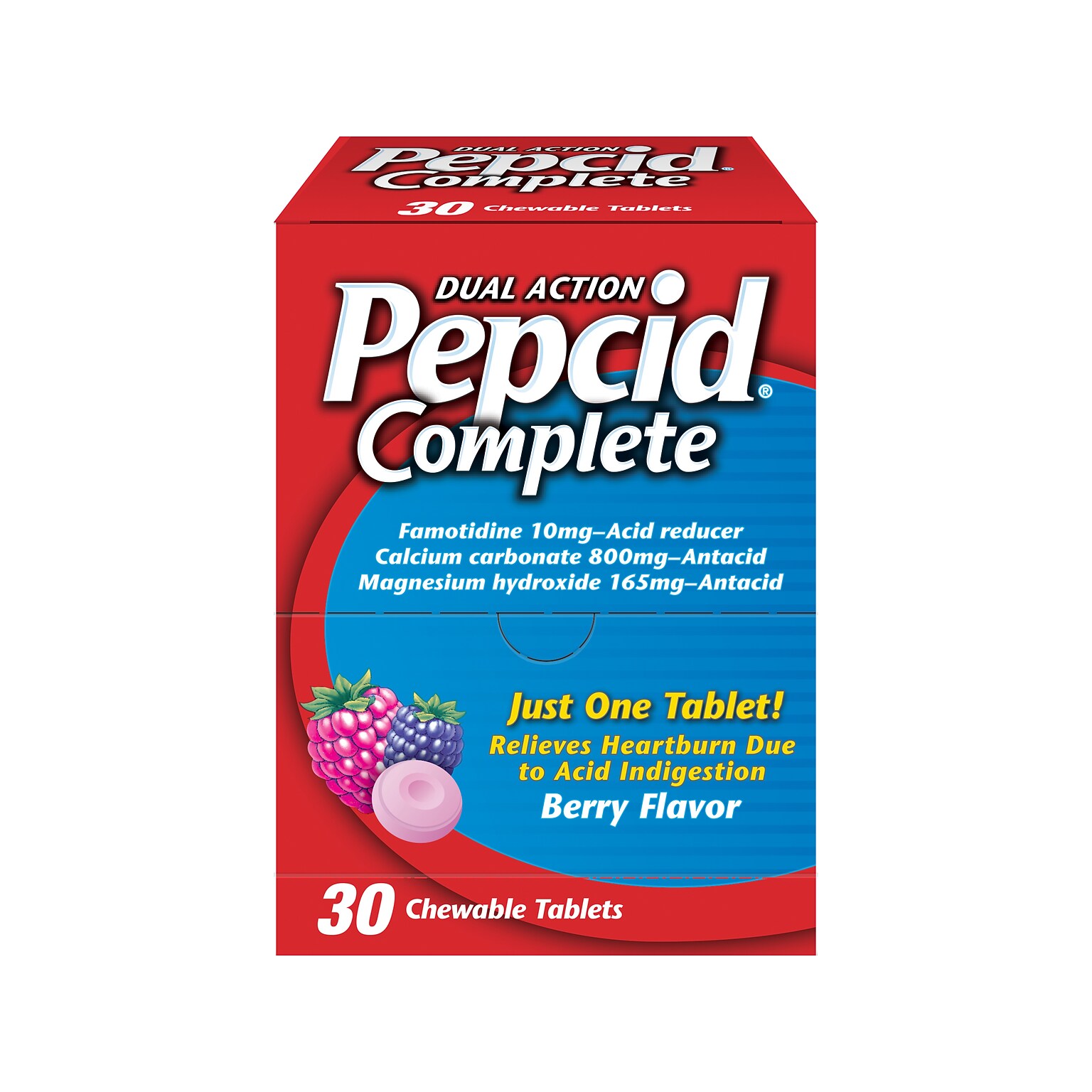 Pepcid Complete Dual-Action Antacid, Chewable Tablet, Berry Flavor, 30/Box (64228)
