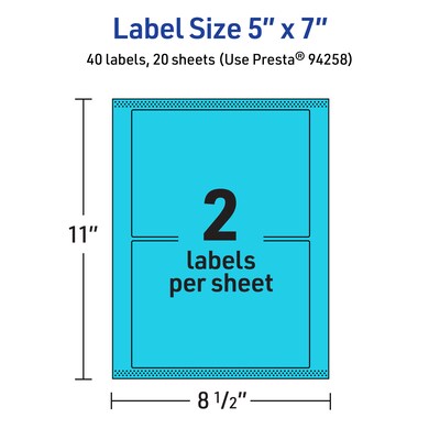Avery Laser/Inkjet Multipurpose Rectangle Labels, 5" x 7", Bright Blue, 40/Pack (94258)