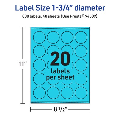 Avery Laser/Inkjet Multipurpose Circle Labels, 1.75" Dia., Bright Blue, 800/Pack (94509)