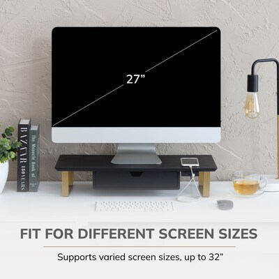 Anji Mountain Mango Wood & Metal Monitor Stand with Two USB Ports and Drawer, Black and Gold (MS-BLK-06GLD-PD)