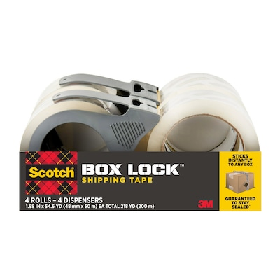 Scotch Box Lock Shipping Packing Tape with Refillable Dispensers, 1.88 in x 54.6 yd, Clear, 4/Pack (