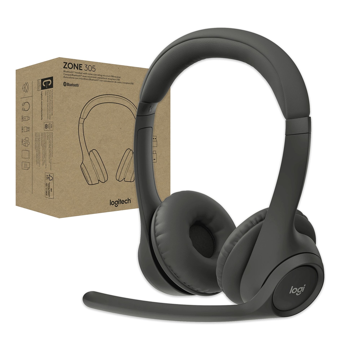 Logitech Zone 305 Wireless Noise Canceling Bluetooth Stereo Headset, USB-C, MS Certified (981-001452)