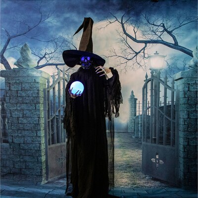 Haunted Hill Farm Life-Size Poseable Phantom Witch with Crystal Ball (HHWITCH-2FL)