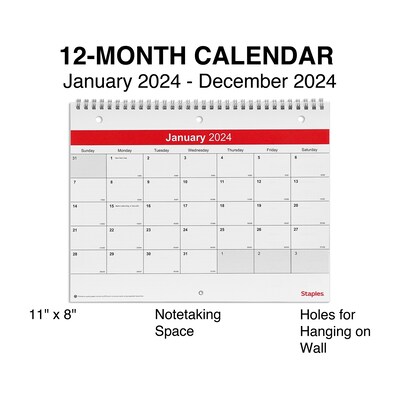2025 Staples 11" x 8" Wall Calendar, White/Red (ST53915-25)
