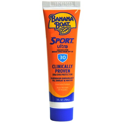 Banana Boat Sport SPF 30 Sunscreen, 1 oz Trial Size Bottle, 12 Bottles/Bag, 24 Bags/Carton
