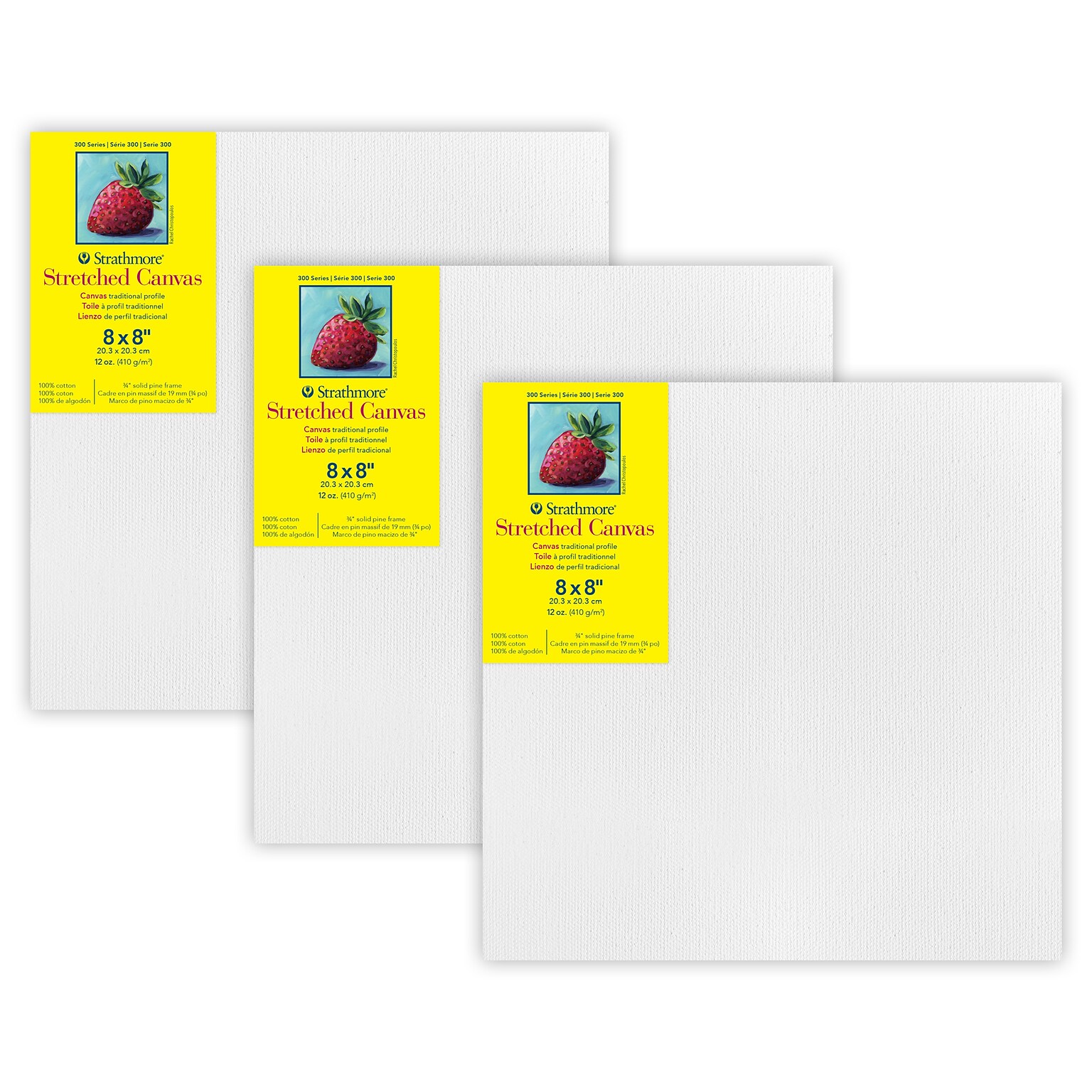 Strathmore 300 Series Primed Traditional Stretched Canvas, 8 x 8, 3/Bundle (STT31388-3)