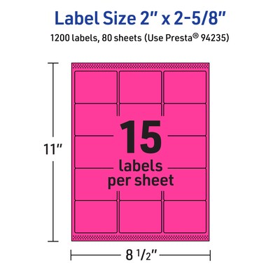 Avery Laser/Inkjet Rectangle Multipurpose Labels, 2" x 2-5/8", Neon Magenta, 1200/Box (94235)