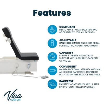 Viva Comfort Pointe Power Adjustable Exam Table with Stirrups, 450 lbs. Capacity, Black (ADI996-10-BLK-MK)