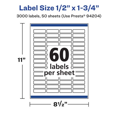 Avery Laser/Inkjet Waterproof Multipurpose Rectangle Labels, 0.5" x 1.75", White, 3000 Labels/Box (94204)
