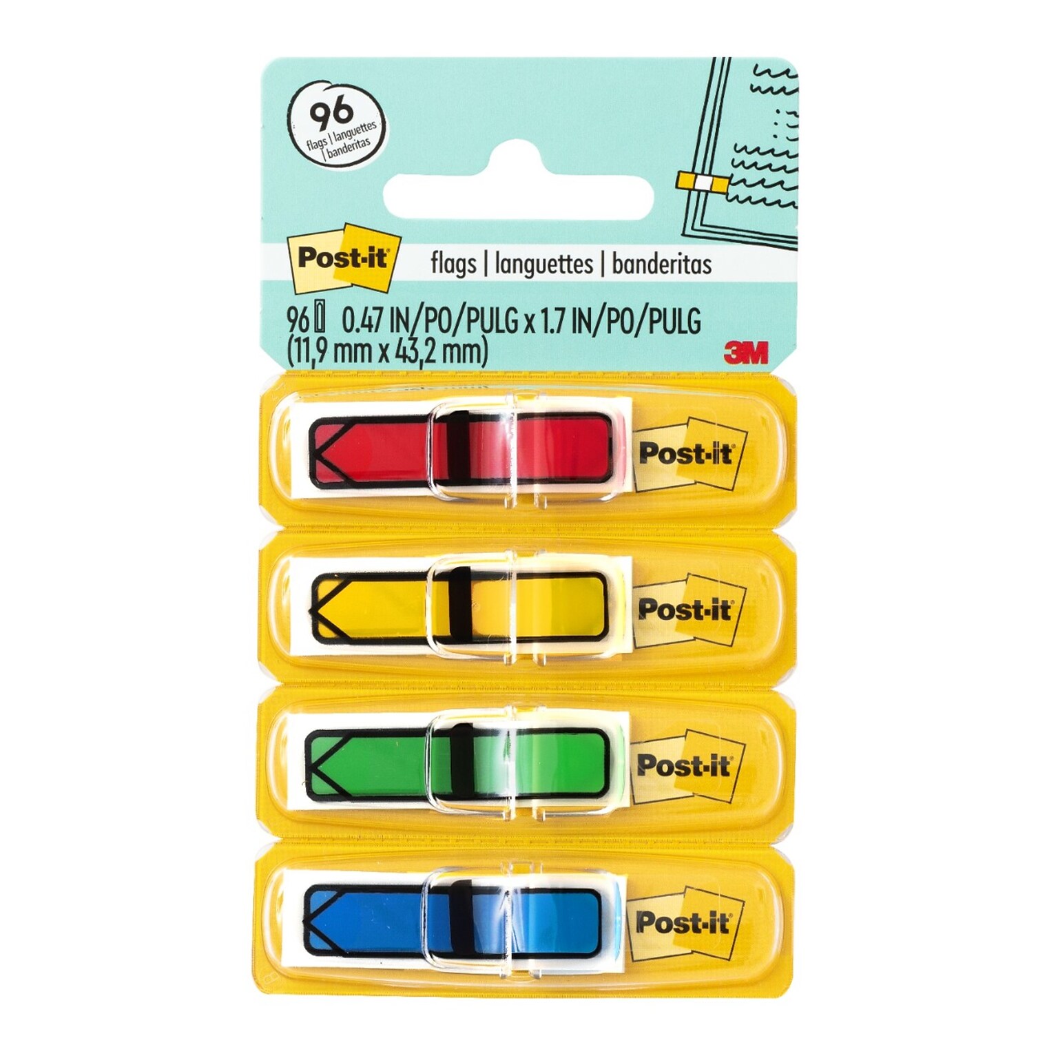 Post-it® Arrow Flags, 0.47 Wide, Assorted Primary Colors, 96 Flags/Pack (684-ARR3)