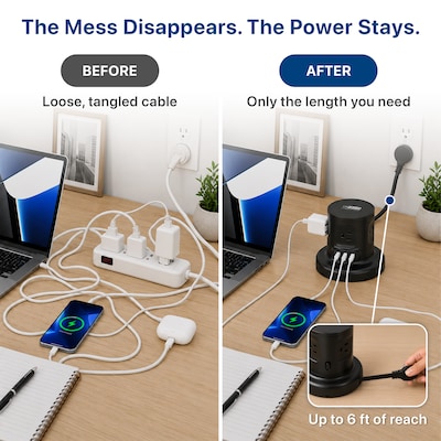 Uncaged Ergonomics Retractable Power Strip with USB-C, 4 AC Outlets, 4 USB Ports and 6ft Retractable Cord, Black (RC-black)