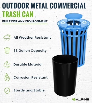 Alpine Industries Metal Commercial Outdoor Recycling Receptacle with Rain Bonnet Lid, 38 Gallon, Black/Blue (479-38-1-BLU)