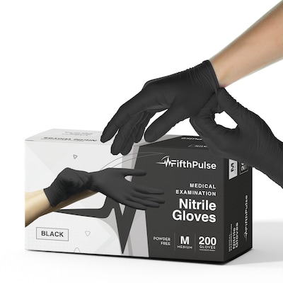 Fifth Pulse Powder Free Nitrile Exam Gloves, Latex Free, Medium, Black, 200 Gloves/Box (FMN100405)