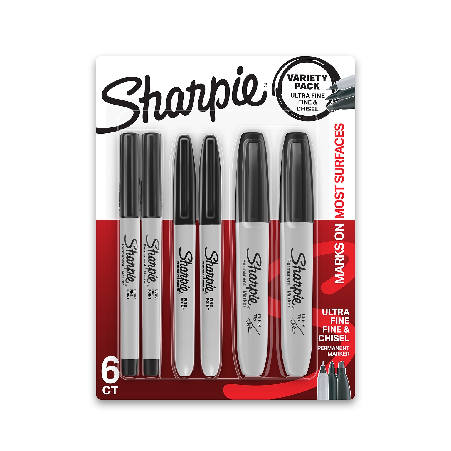 Sharpie Variety Pack Permanent Markers, Assorted Tips, Black, 6/Pack (2135318)