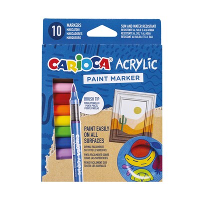 CARIOCA Water Based Acrylic Paint Marker, Brush Tip, Assorted Colors, 10/Set (CRA45281)