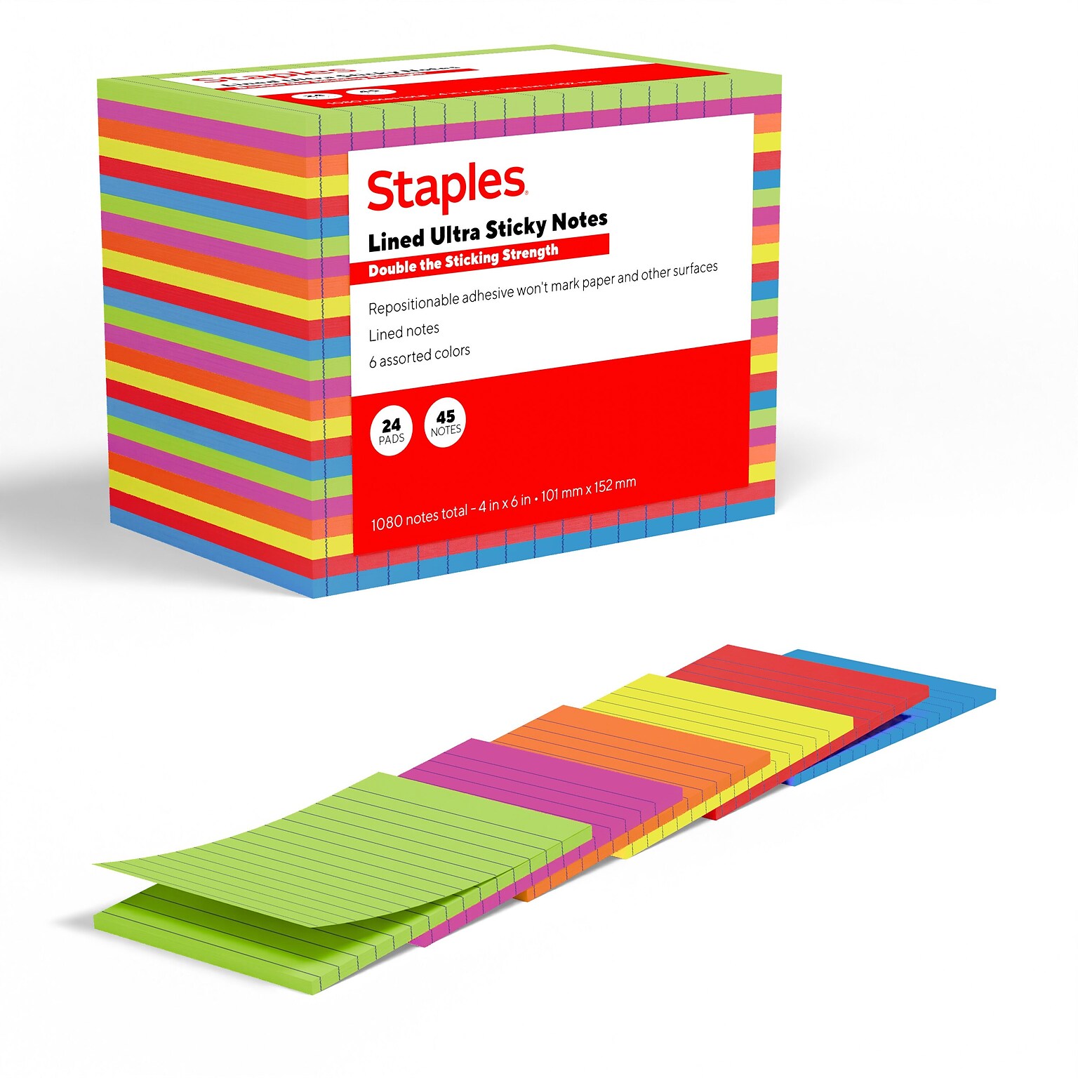 Staples Ultra Sticky Notes, 4 x 6, Summer Breeze Collection, Lined, 45 Sheets/Pad, 24 Pads/Pack (ST62892)