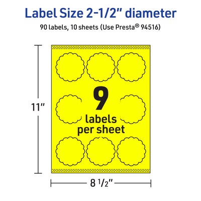 Avery Round Scalloped Laser/Inkjet Multipurpose Labels, 2.5" Dia, Neon Yellow (90/Pack)