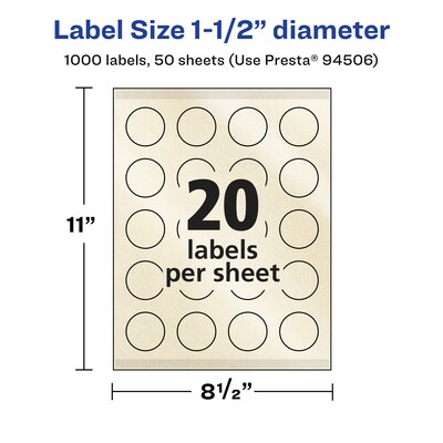 Avery Laser/Inkjet Round Multipurpose Labels, 1.5" Dia., Ivory, 1,000 Labels/Box (94506)