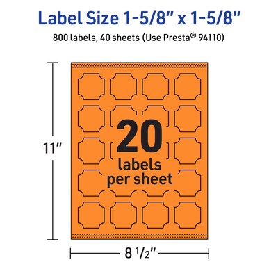 Avery Decorative Edge Multipurpose Labels, 1-5/8" x 1-5/8", Bright Orange, 800/Pack (94110)