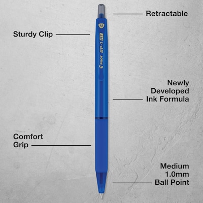 Pilot BP1-RT Retractable Ballpoint Pens, Medium Point, 1.0mm, Blue Ink, Dozen (BPR--BLUM)