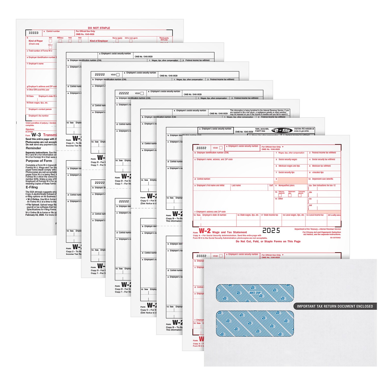 Adams Employees Copies Cut Sheet 2025 W-2 Tax Form Kit with Envelopes, 6-Part, Copy A, B, C, D, 1, 2, 50/Pack (LW2625Q)